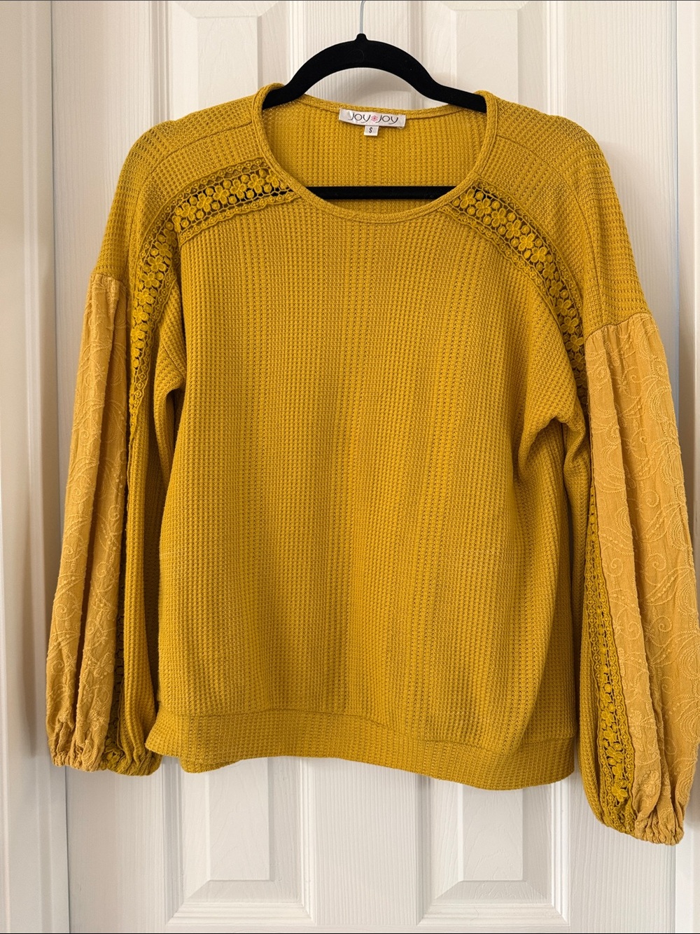 Joy Joy Mustard Waffle Knit Sweater with Lace & Embroidered Balloon Sleeves